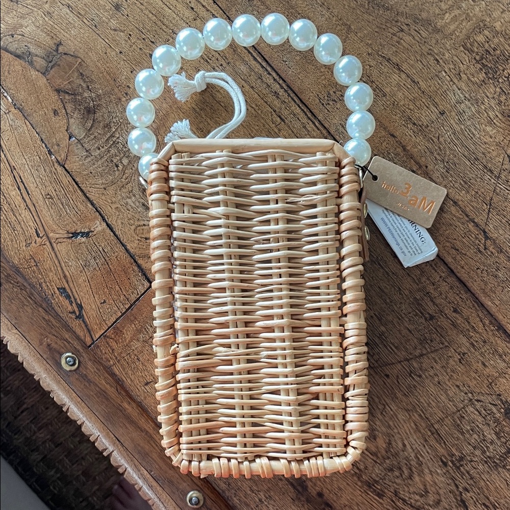 Woven Straw Crossbody Bag with Pearl Bead Handle - Natural